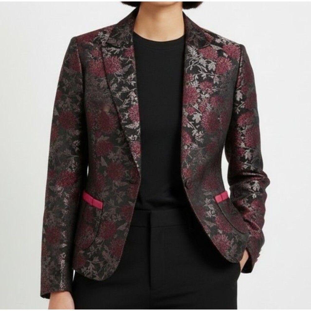Zinc Brocade Floral Blazer Women Large Pink Purple Satin Bows Retro Y2K Jacket